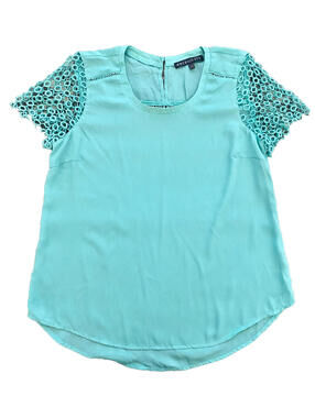 NEW Brixon Ivy Light Green Crocheted Sleeve Draped Blouse Knit Top Tunic M